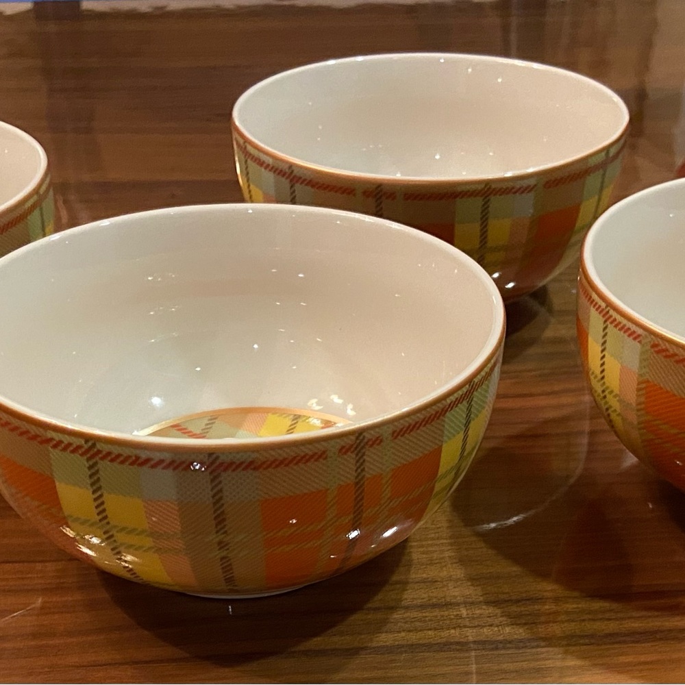 Orange,green,yellow,white plaid soup/cereal bowls. Set of 4. Porcelain China
